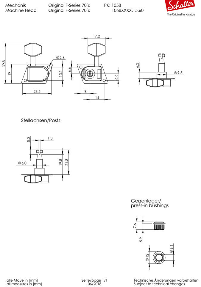 Schaller F-Series 6IL 70's Split-Post Tuners 14:1 Ratio Chrome  10580220.15.60