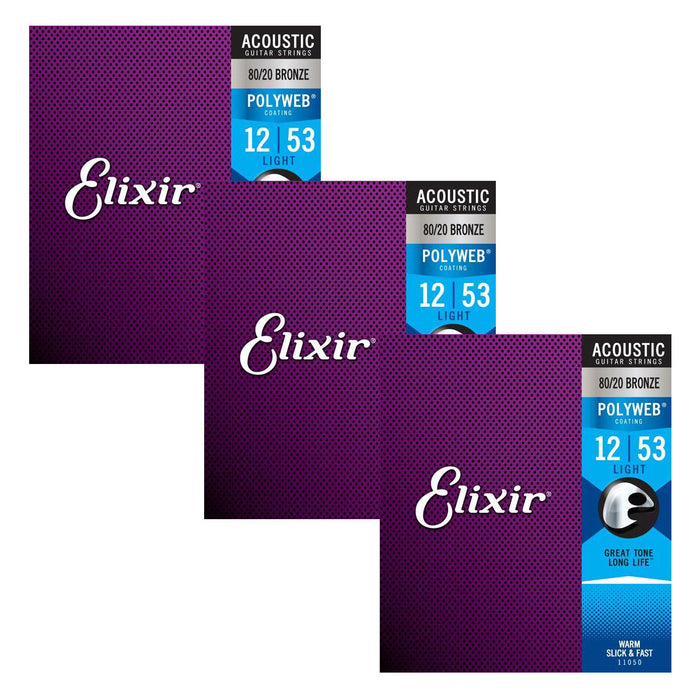 3-Pack! Elixir 80/20 Custom Light 11-52 Bronze Acoustic Guitar Strings Polyweb 11025