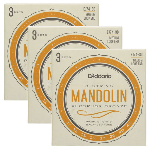 3-Sets! D'Addario EJ74 Mandolin Strings, Phosphor Bronze, Medium, 11-40