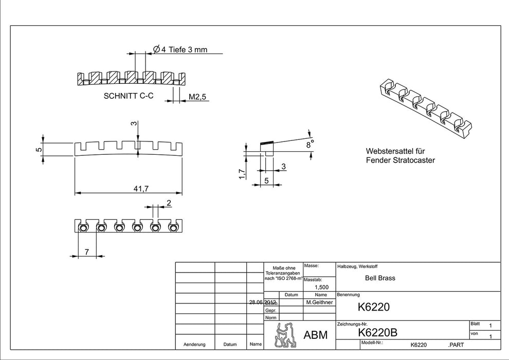 ABM 6220 Height Adjustable Brass Nut for Fender BN-0887-008